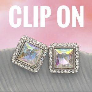 AB Iridescent Square Clip On Earrings